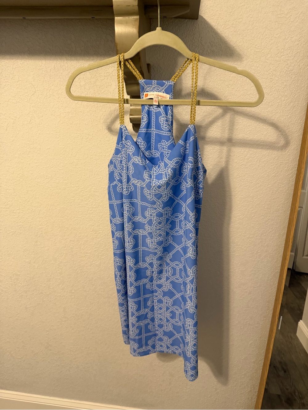 Jude Connally Bailey Blue Rope-Print Halter Mini Dress with Gold Chain Straps